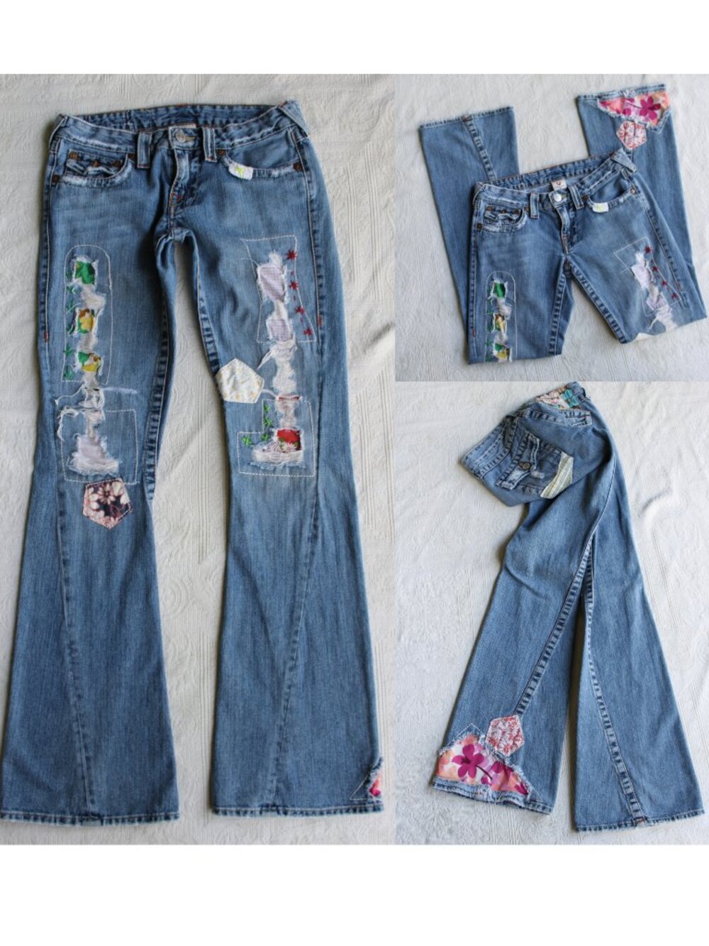 True Religion Woodstock ASHBURY patch embroidered bell bottom Flare Y2K jeans 28